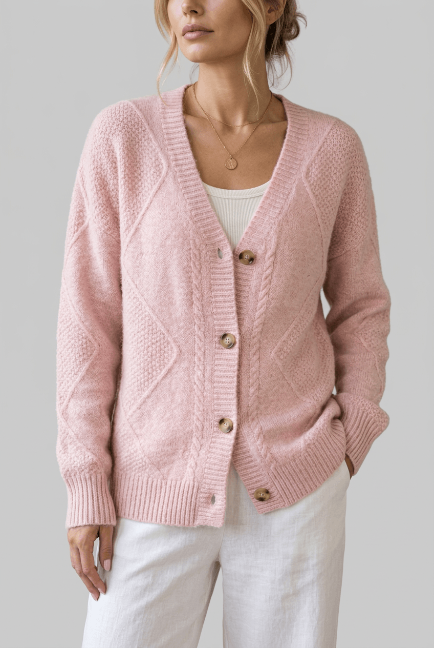 Woman's V-Neck Button-Front Cardigan | Cable Knit