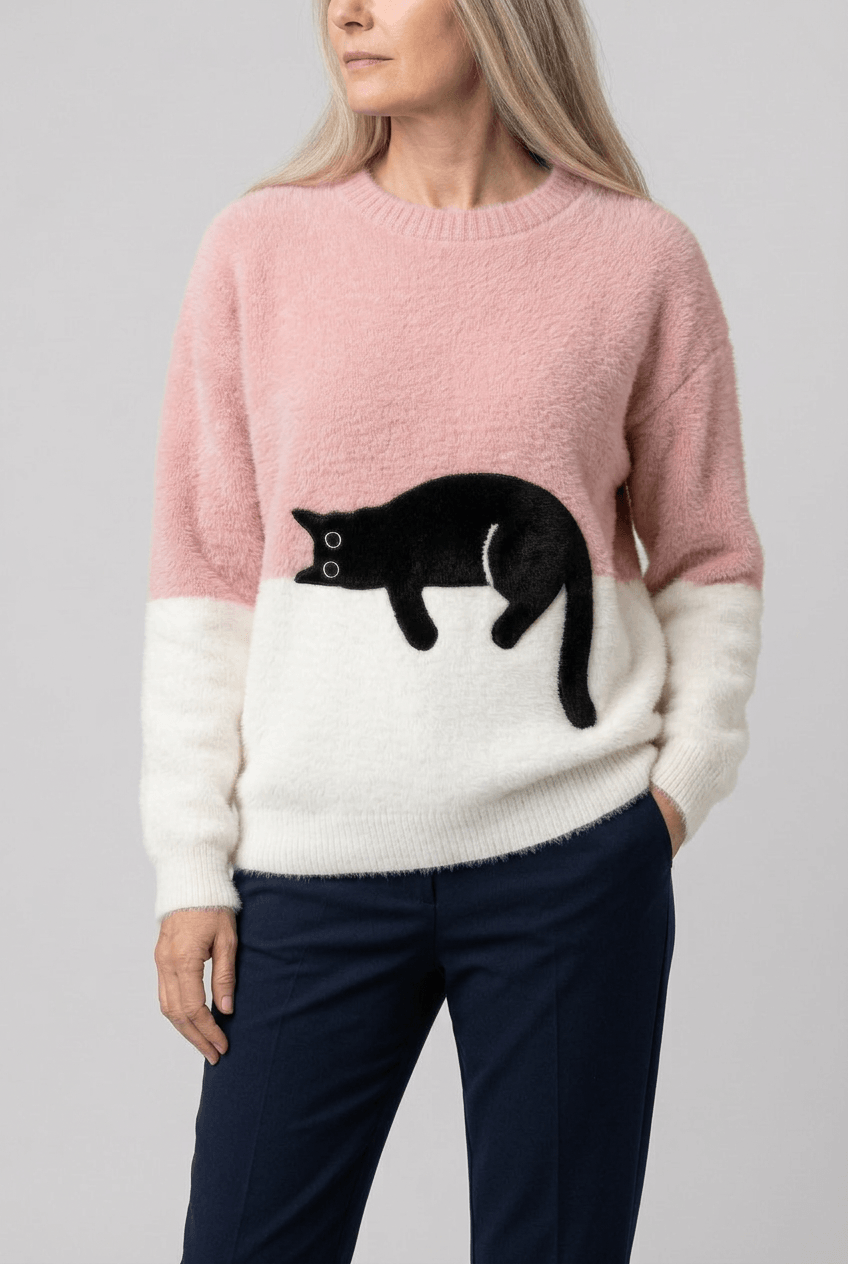 Women's Cat Motif Knit Jumper | Ribbed Crewneck