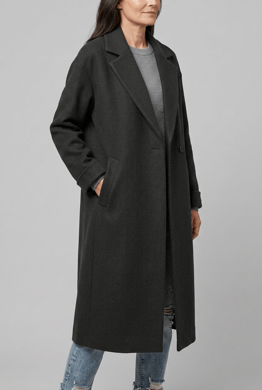 Women's Long Coat | Wide Lapel & Side Pockets