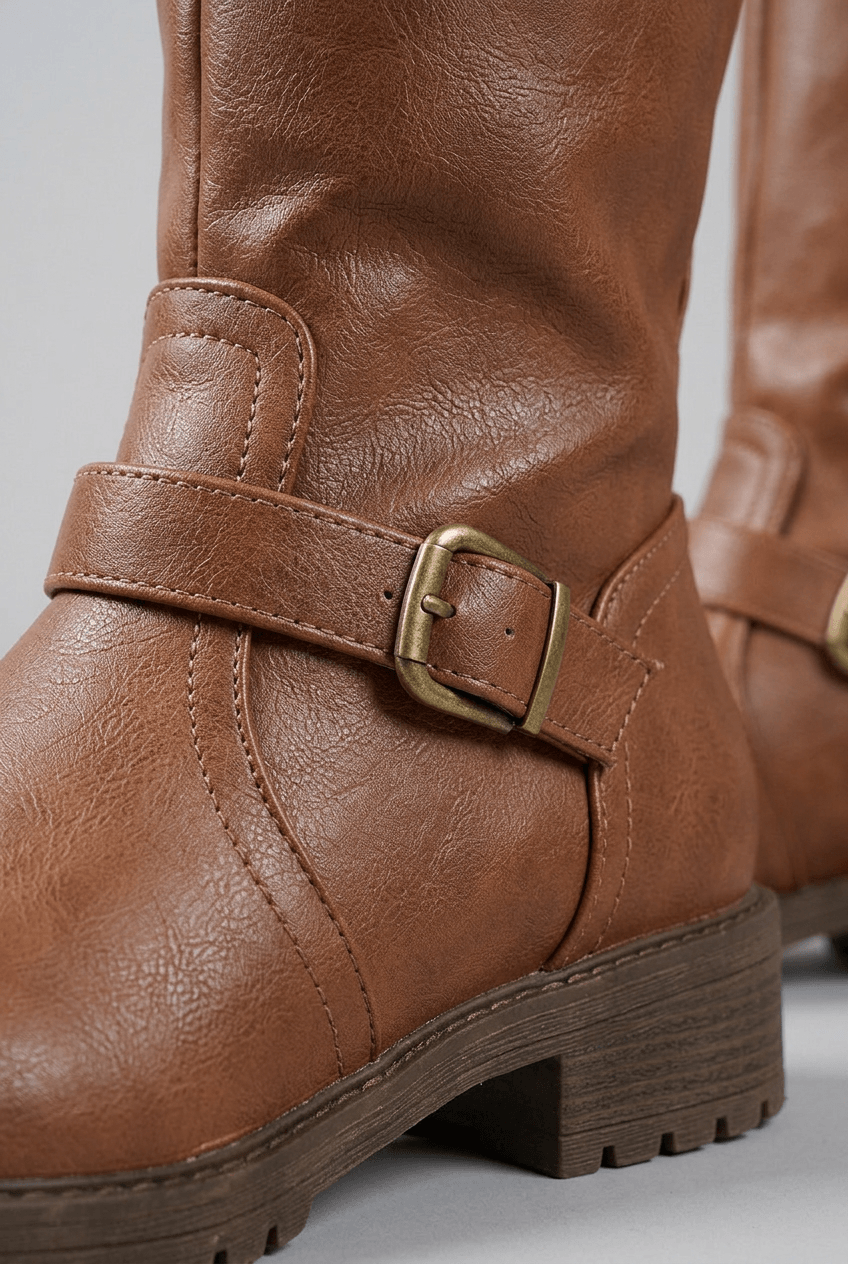 Women's Knee High Boots | Low Block Heel & Buckle Detail