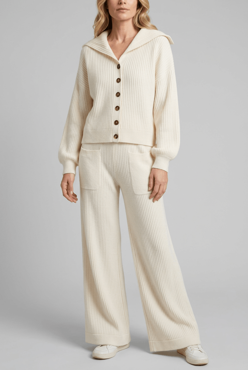 Women's Knitted Loungewear Set | Collared Cardigan & Wide Leg Trousers