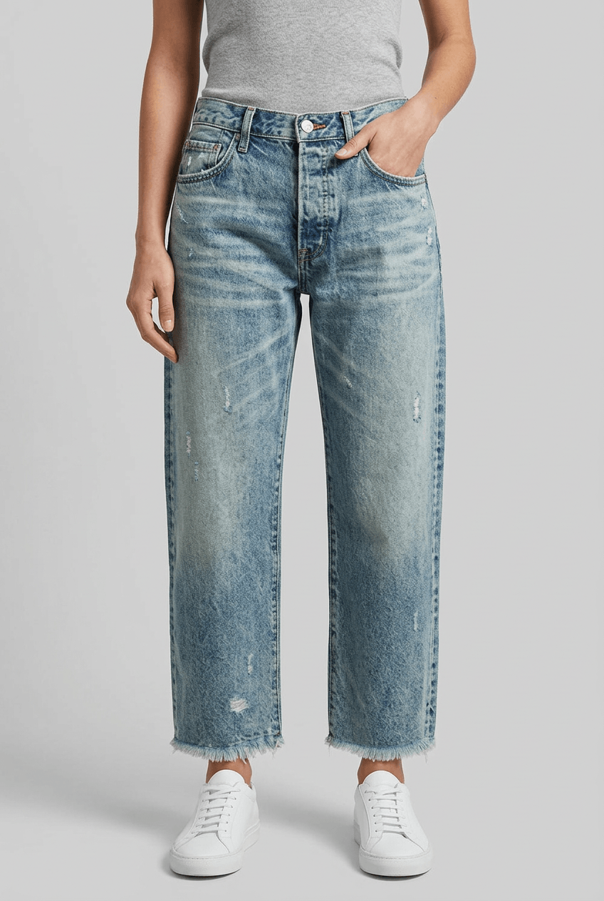 Women's High Waist Straight Leg Jeans | Distressed & Frayed Hem