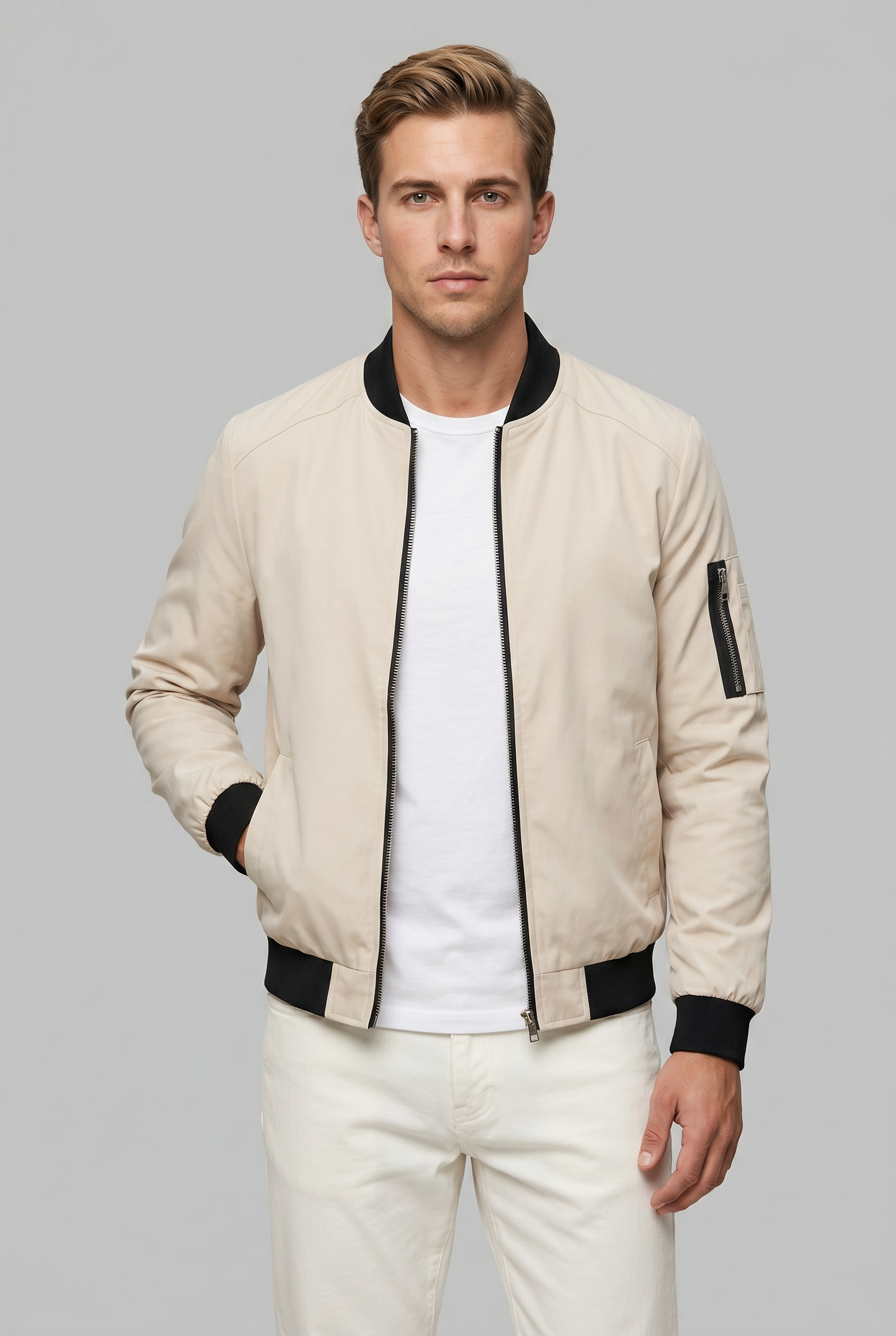 Men’s Stand Collar Zip Up Bomber Jacket | Sleeve Pocket