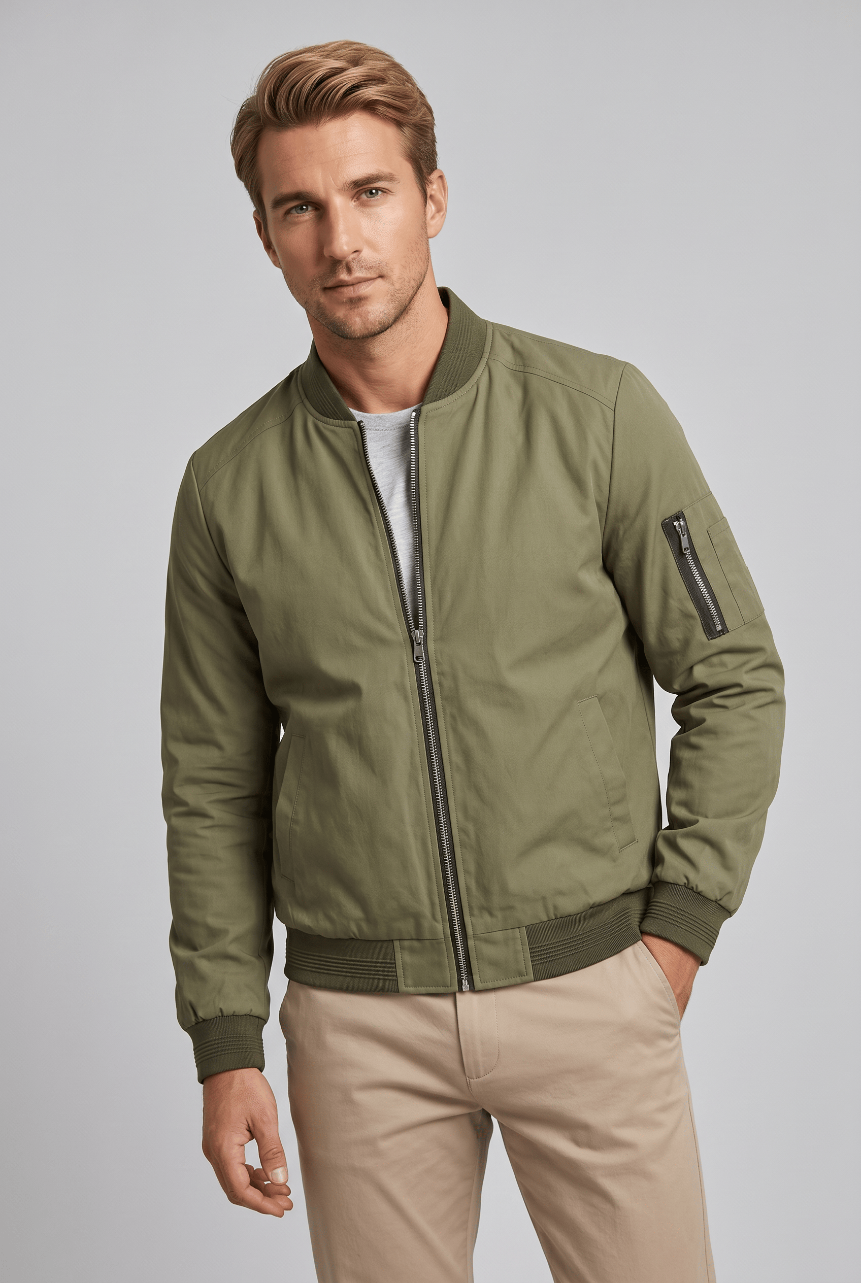 Men’s Stand Collar Zip Up Bomber Jacket | Sleeve Pocket