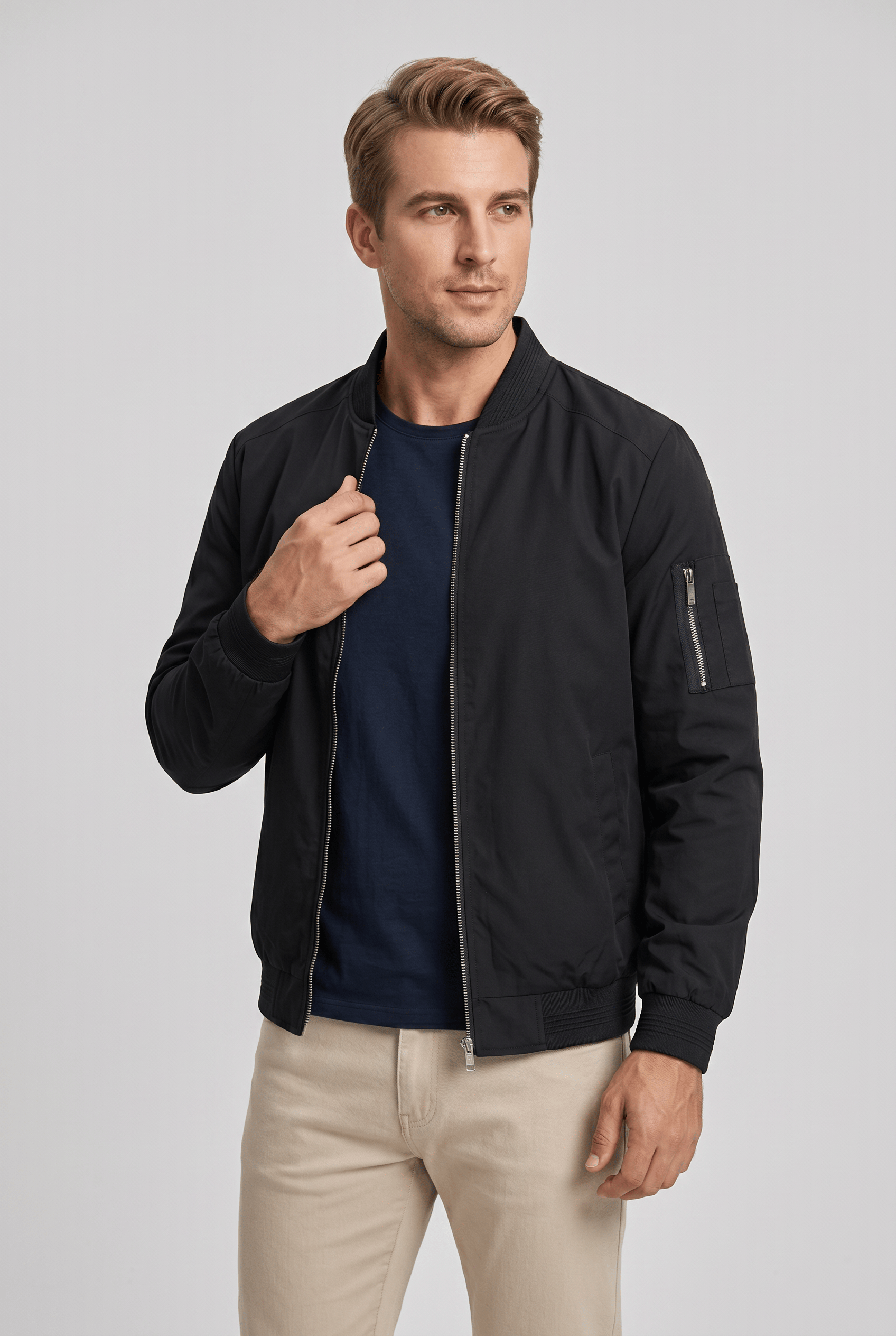 Men’s Stand Collar Zip Up Bomber Jacket | Sleeve Pocket
