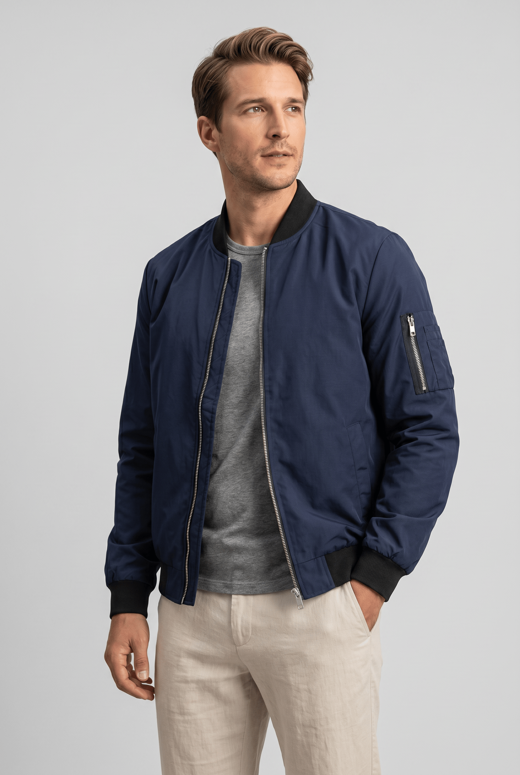 Men’s Stand Collar Zip Up Bomber Jacket | Sleeve Pocket