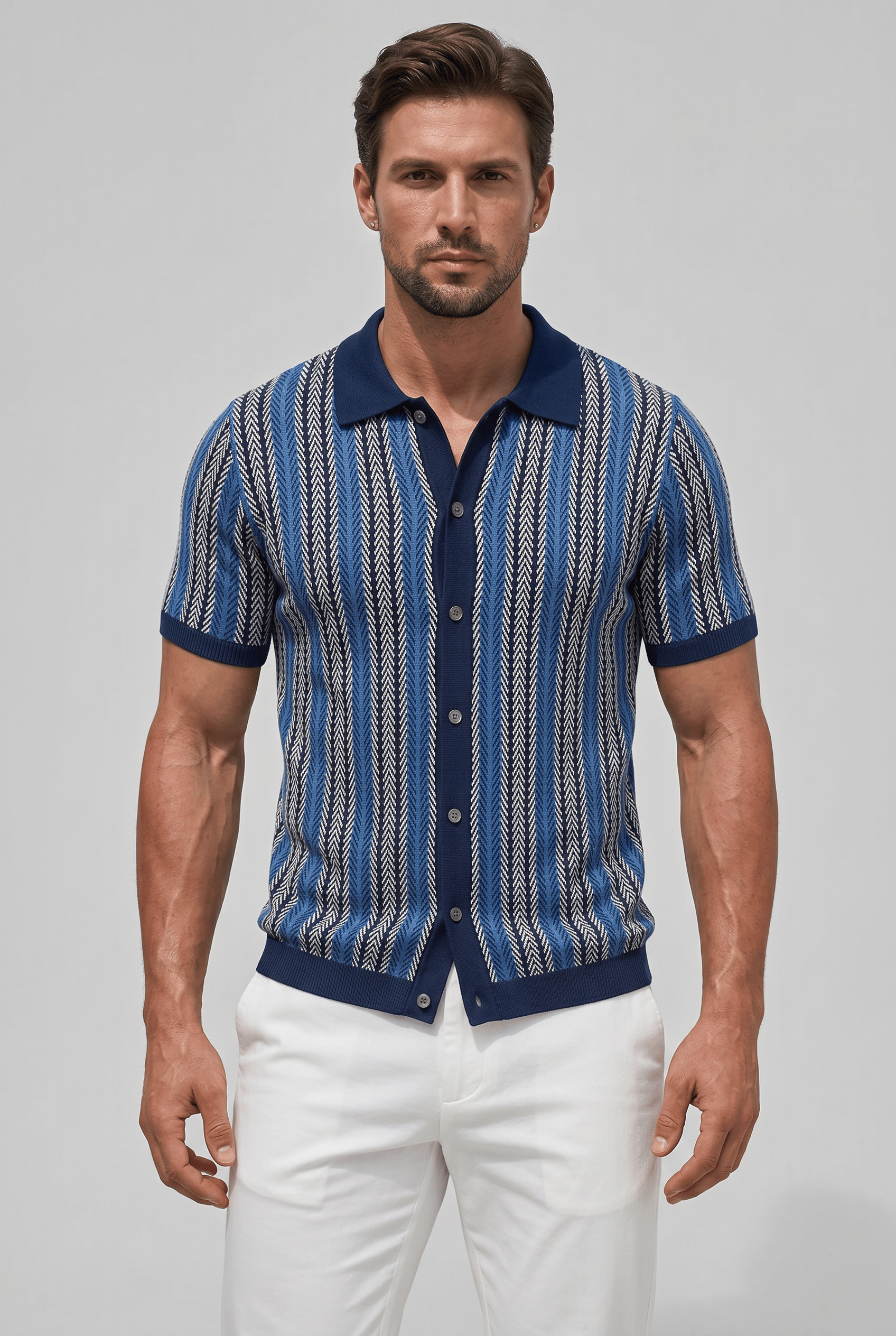 Men’s Collared Short Sleeve Button Up Striped Shirt | Ribbed Hem