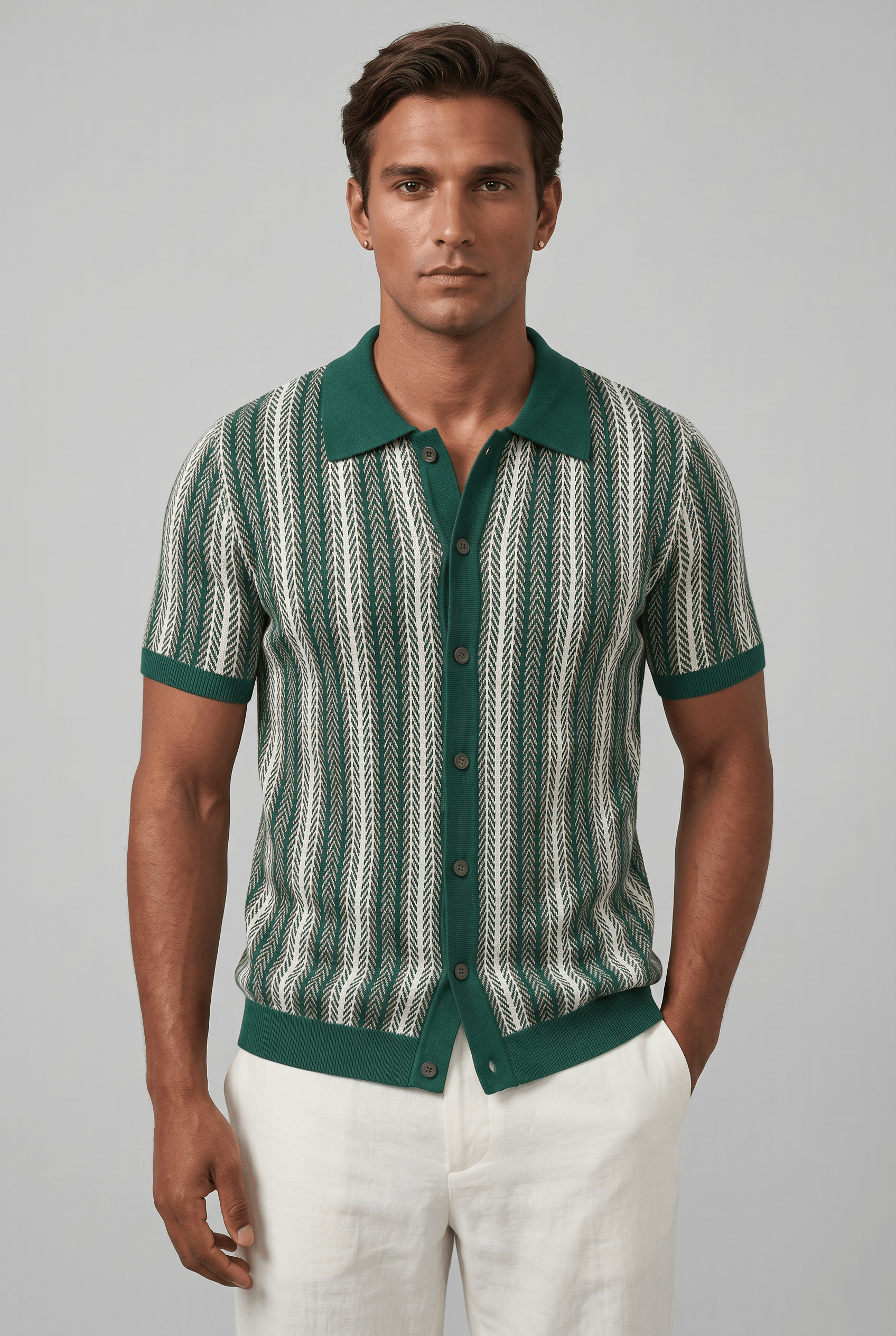Men’s Collared Short Sleeve Button Up Striped Shirt | Ribbed Hem