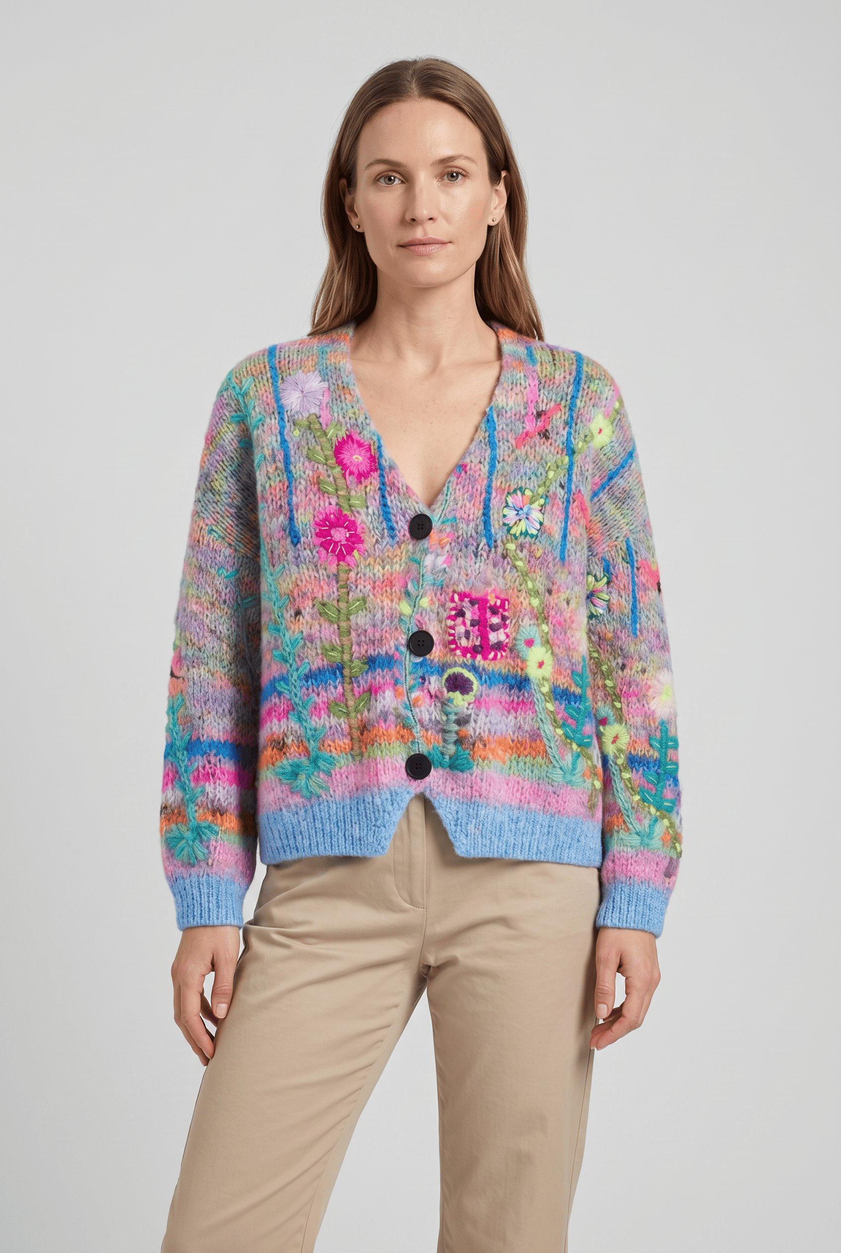 Women's V-Neck Floral Print Knit Cardigan | Button Up