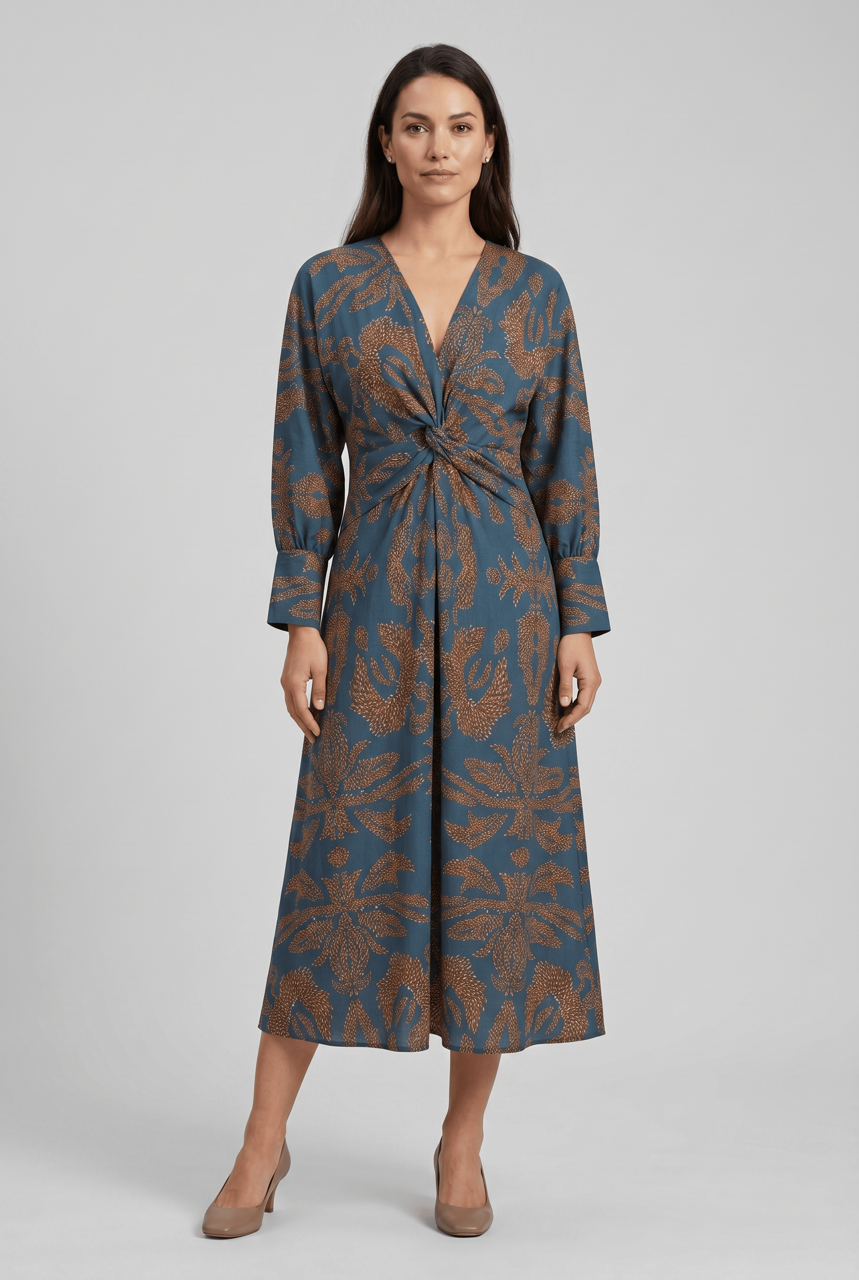 Women's V-Neck Long Sleeves Wrap Printed Boho Dress | Midi