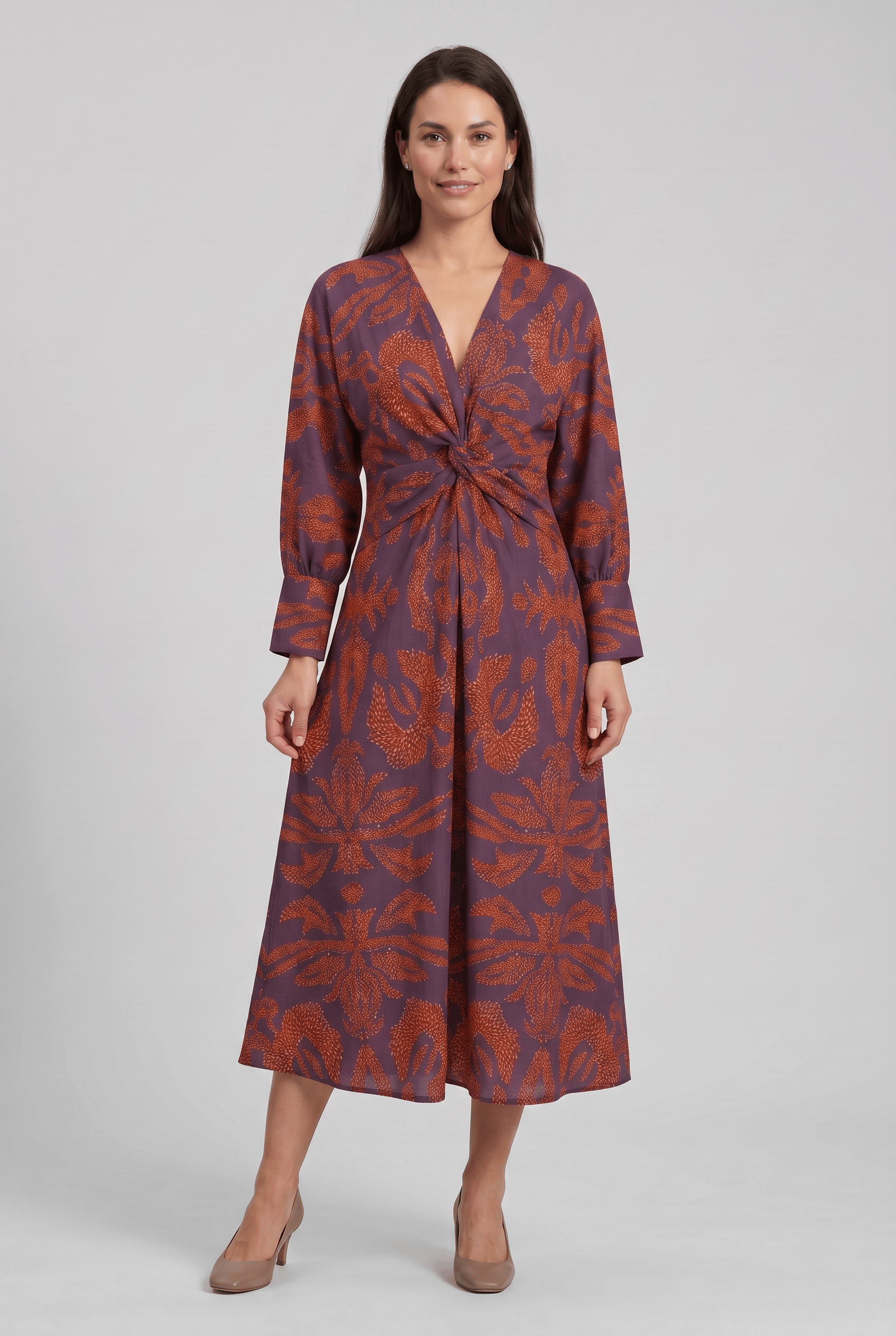 Women's V-Neck Long Sleeves Wrap Printed Boho Dress | Midi