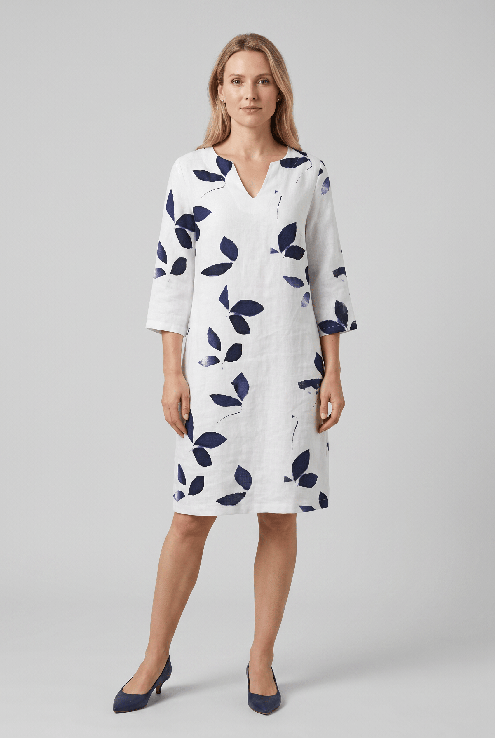 Women's Split Neck Short Sleeves Leaf Print Dress | Midi