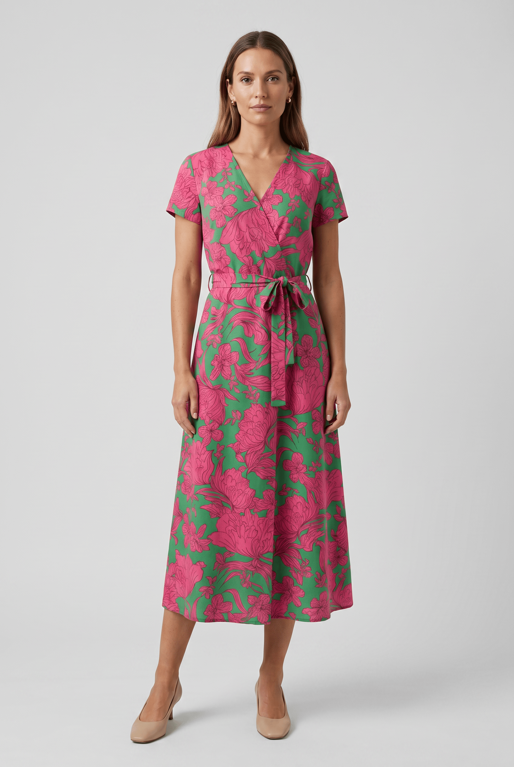 Women's V-Neck Short Sleeves Boho Printed Wrap Dress | Midi
