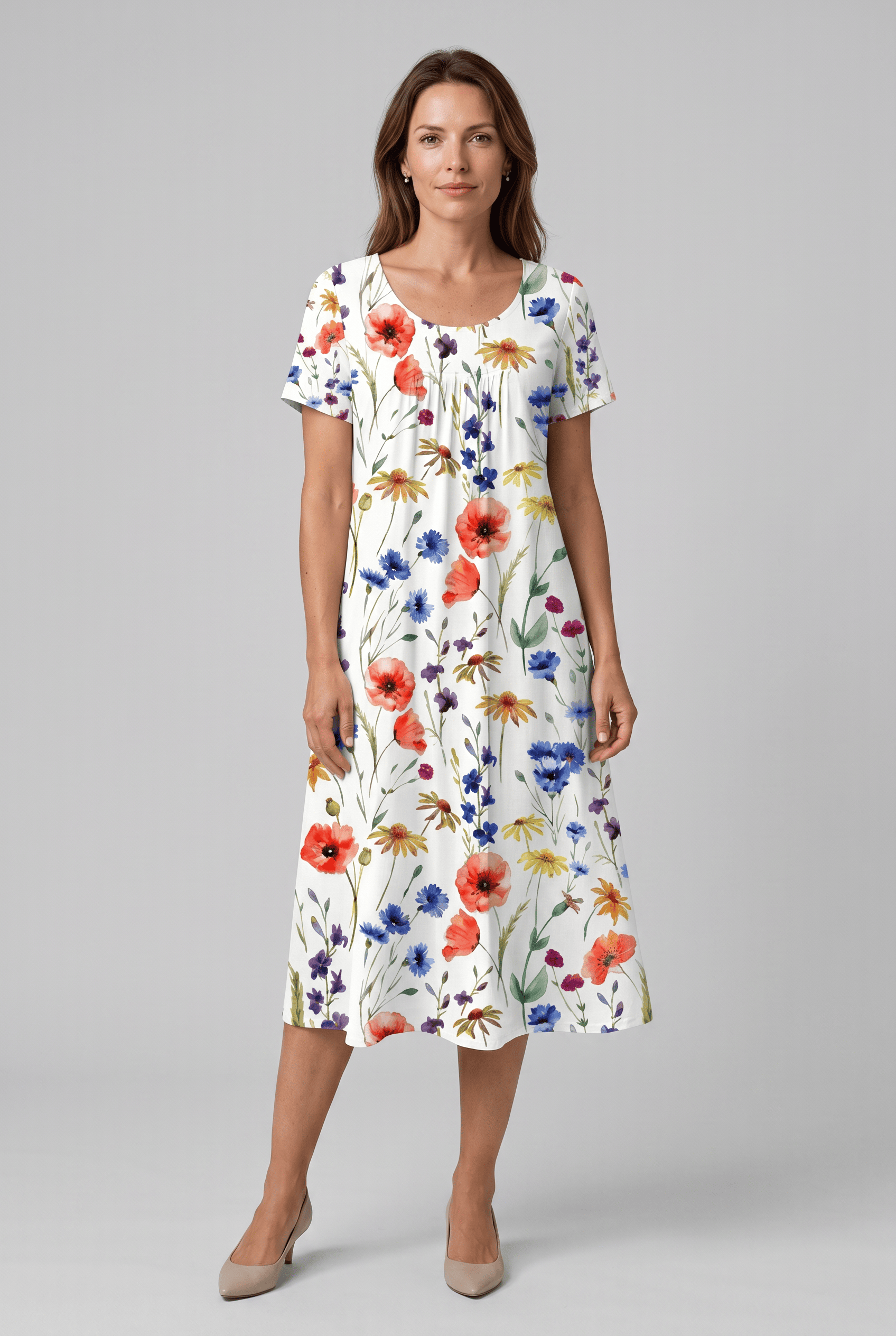 Women's Short Sleeve Round Neck Floral Print Pleated Dress | Midi