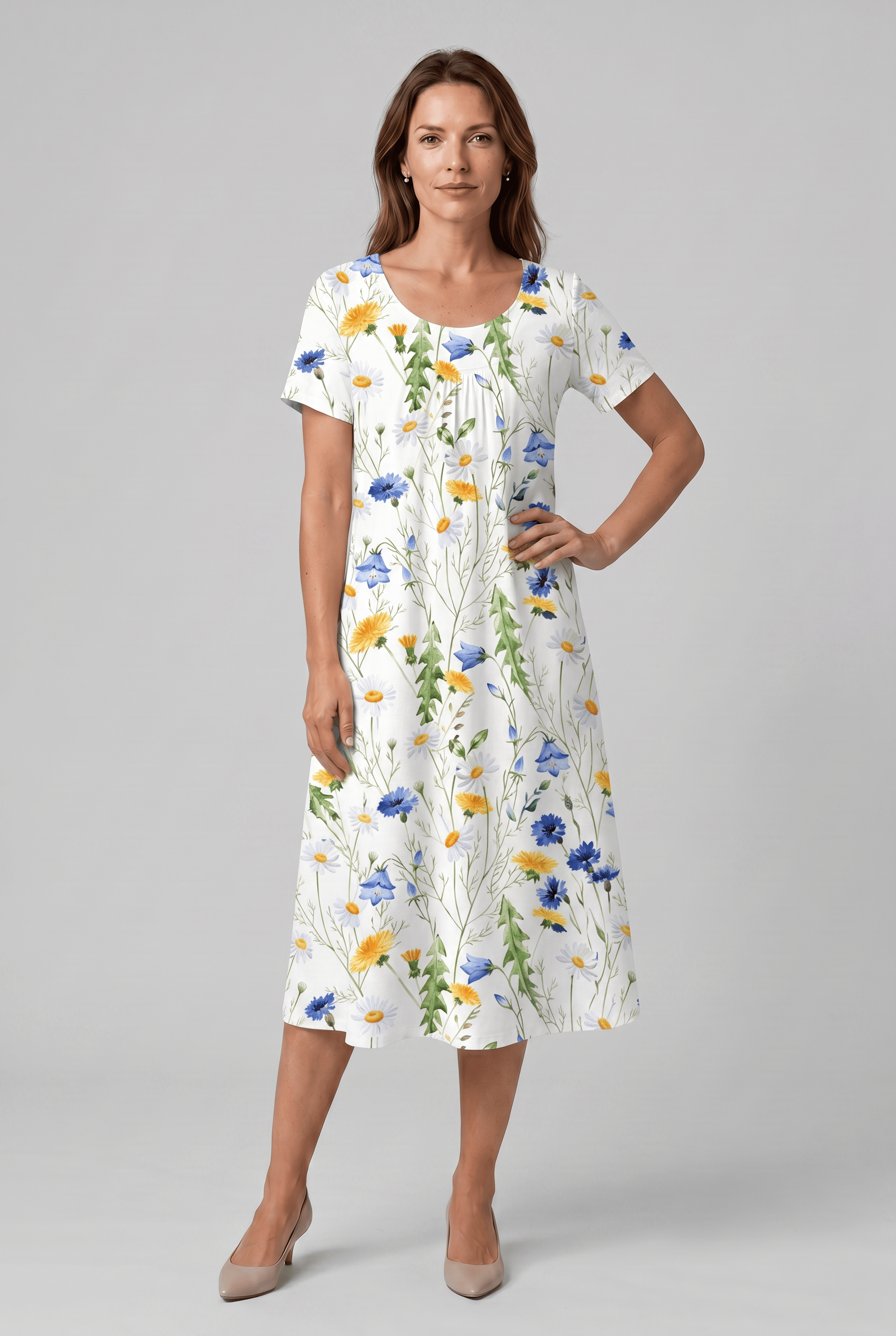 Women's Short Sleeve Round Neck Floral Print Pleated Dress | Midi