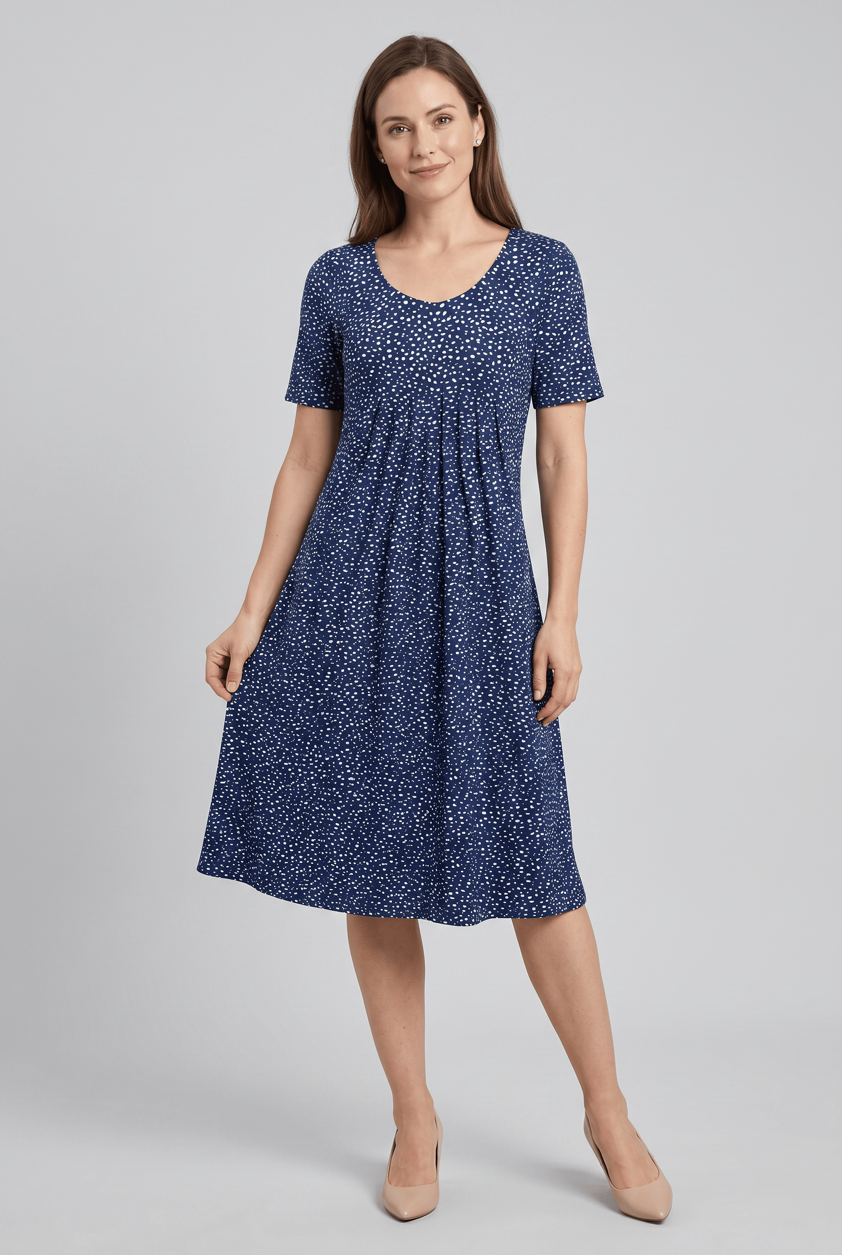 Women's Short Sleeve Round Neck Floral Print Pleated Dress | Midi