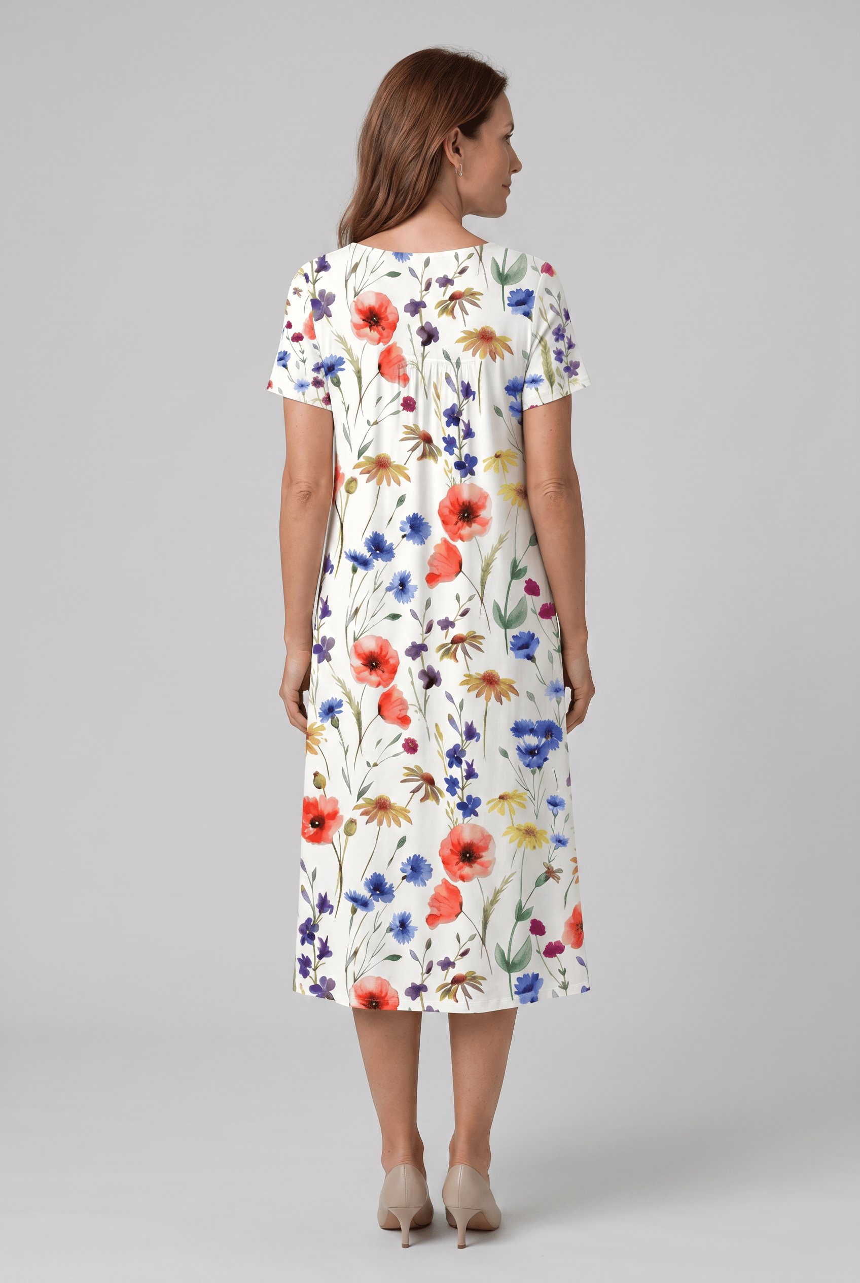 Women's Short Sleeve Round Neck Floral Print Pleated Dress | Midi