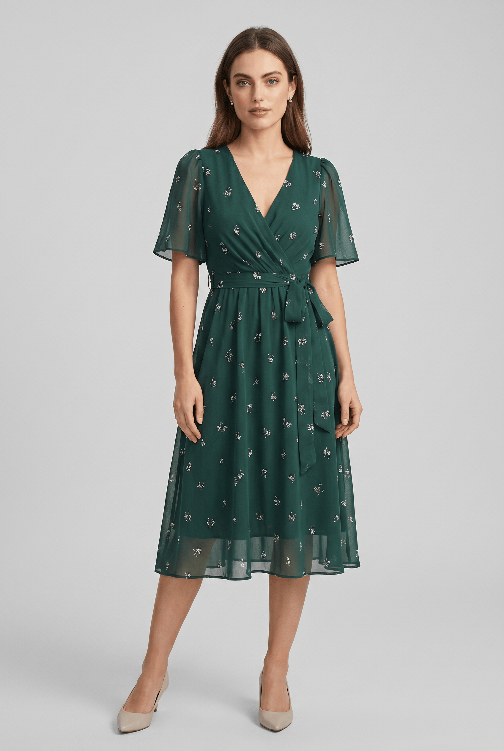 Women’s V-Neck Short Sleeves Wrap Flared Dress | Midi