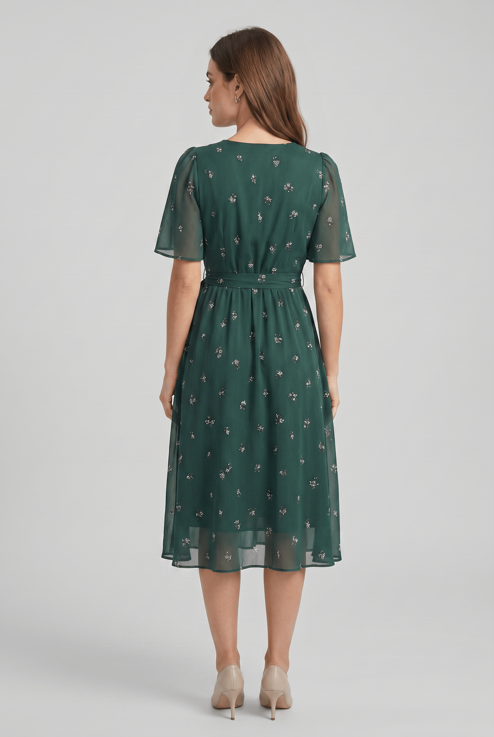 Women’s V-Neck Short Sleeves Wrap Flared Dress | Midi