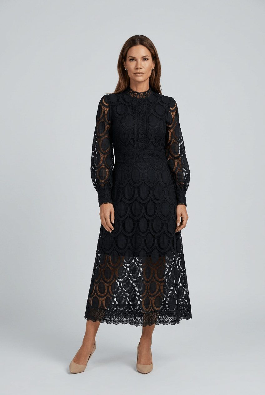 Women's Wedding Guest Dress Midi | Lace with Mock Neck & Long Sleeves
