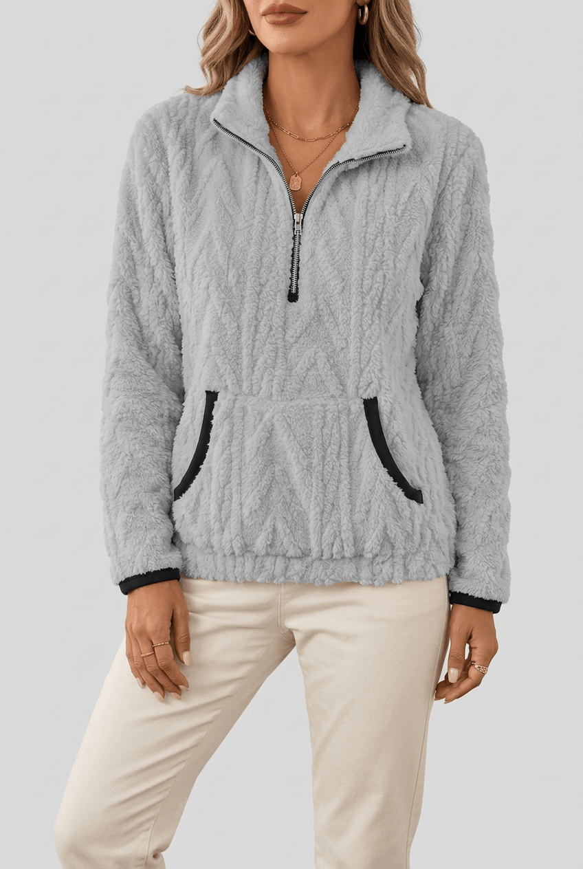 Women's Half Zip Fleece Jumper | Textured Fuzzy Kangaroo Pocket