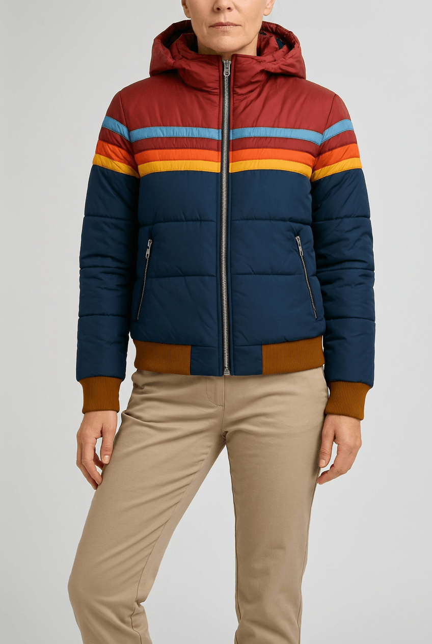 Women's Hooded Puffer Jacket | Colour Block Stripe