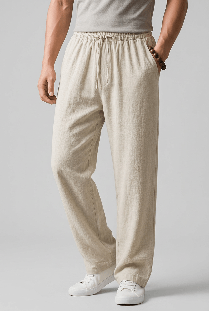 Men's Straight Leg Trousers | Elasticated Drawstring Waist & Side Pockets