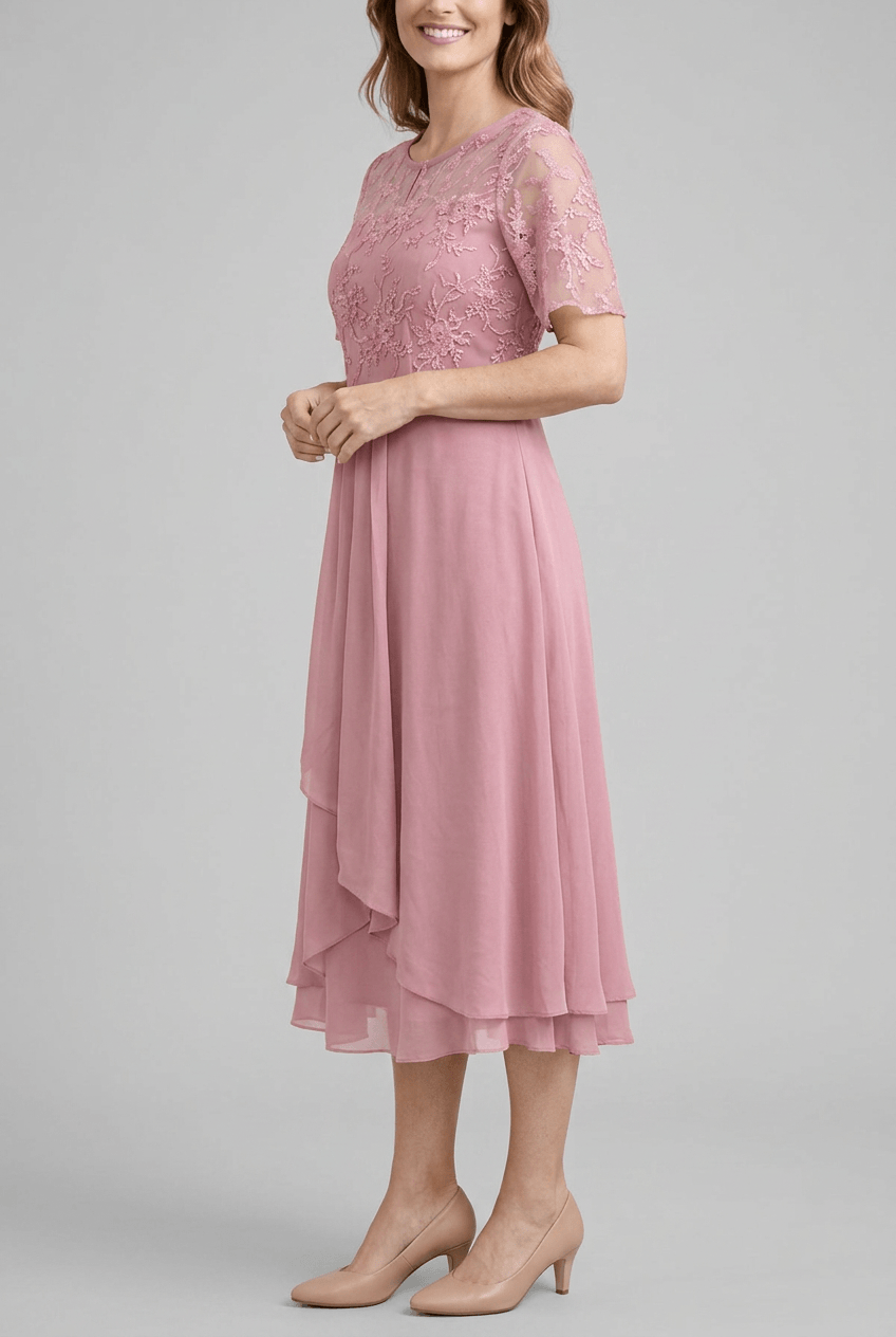 Women's Wedding Guest Dress Midi | Embroidered Illusion Bodice & Cascade Skirt