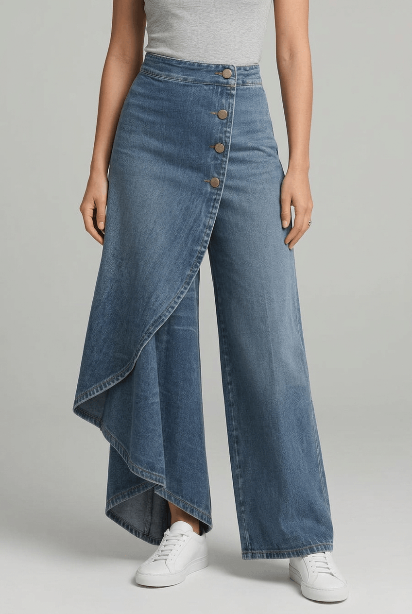 Women's Wide Leg Jeans | High Waisted Asymmetric Wrap Panel
