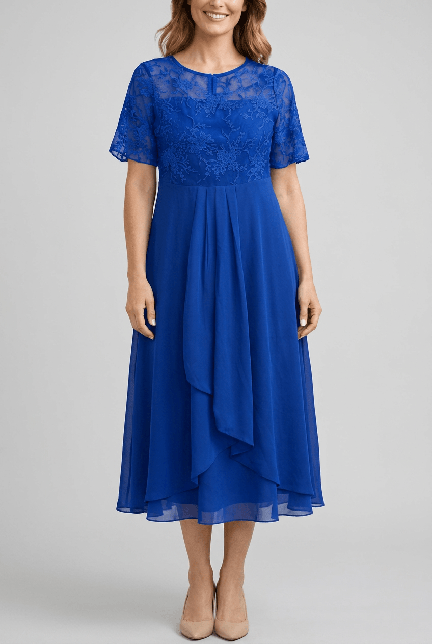 Women's Wedding Guest Dress Midi | Embroidered Illusion Bodice & Cascade Skirt