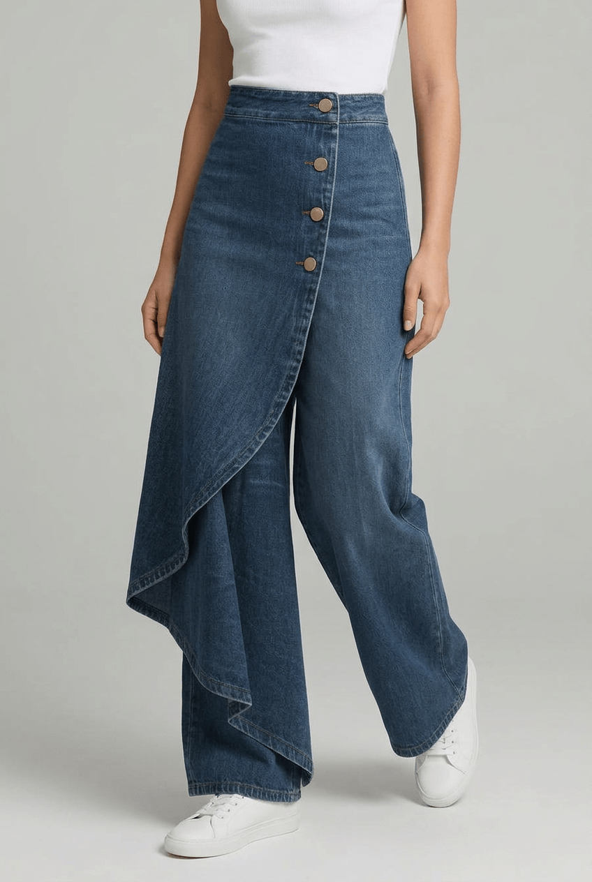 Women's Wide Leg Jeans | High Waisted Asymmetric Wrap Panel