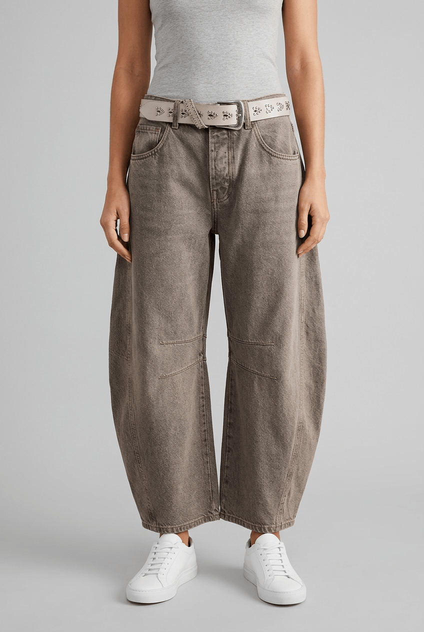 Women's High Waist Barrel Leg Jeans | Knee Stitch Detail