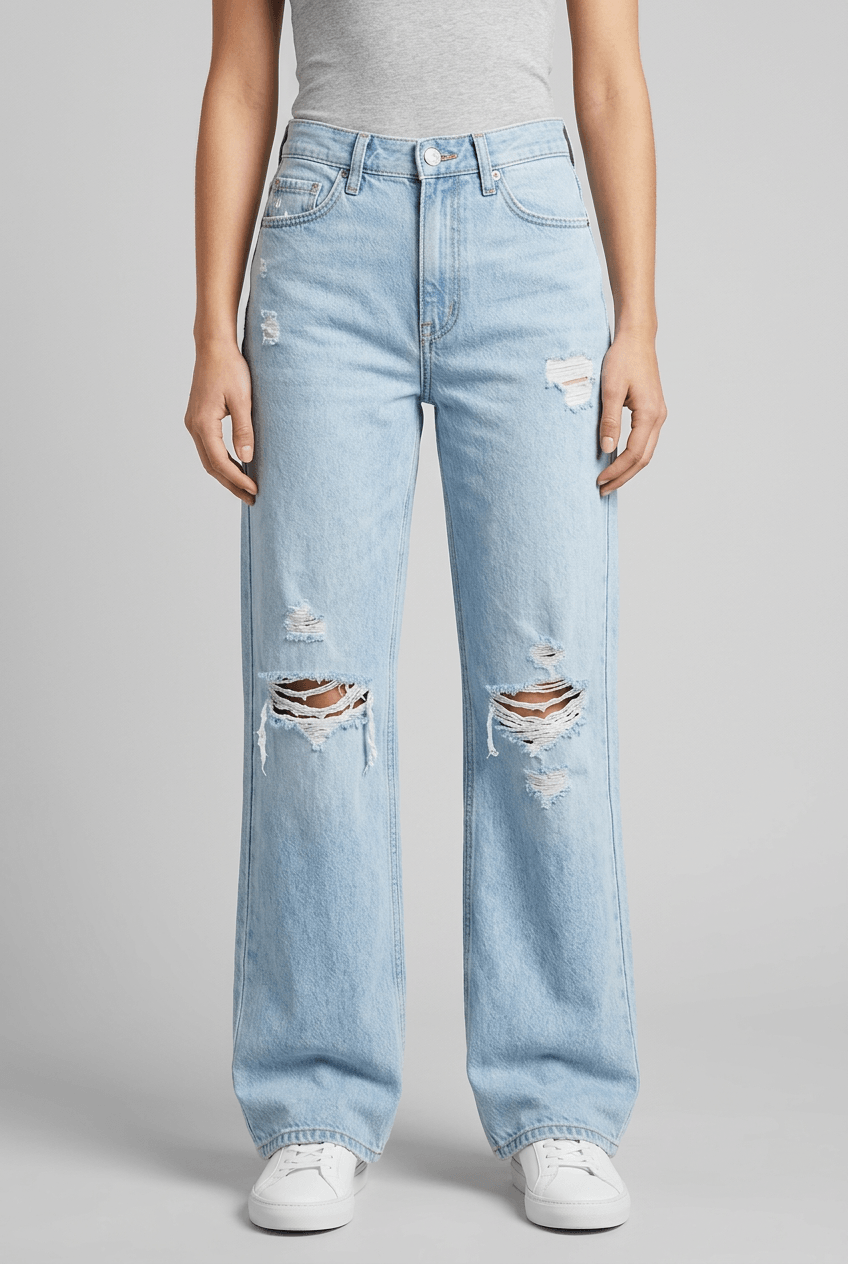 Women's High-Waisted Wide Leg Jeans | Ripped Knee Distressed