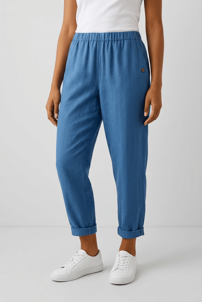 Women's Cropped Trousers | Elasticated Waist, Turn-Up Hem & Side Pocket