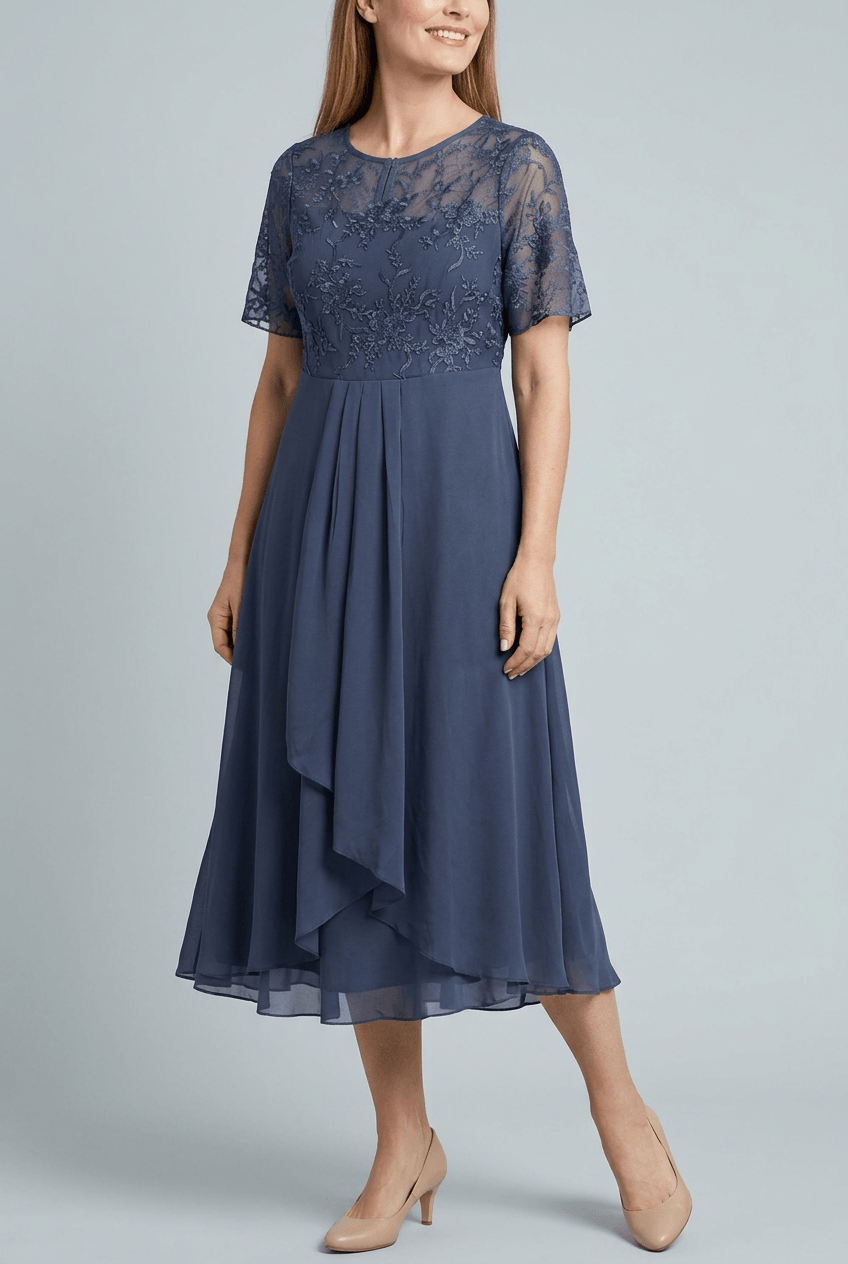 Women's Wedding Guest Dress Midi | Embroidered Illusion Bodice & Cascade Skirt