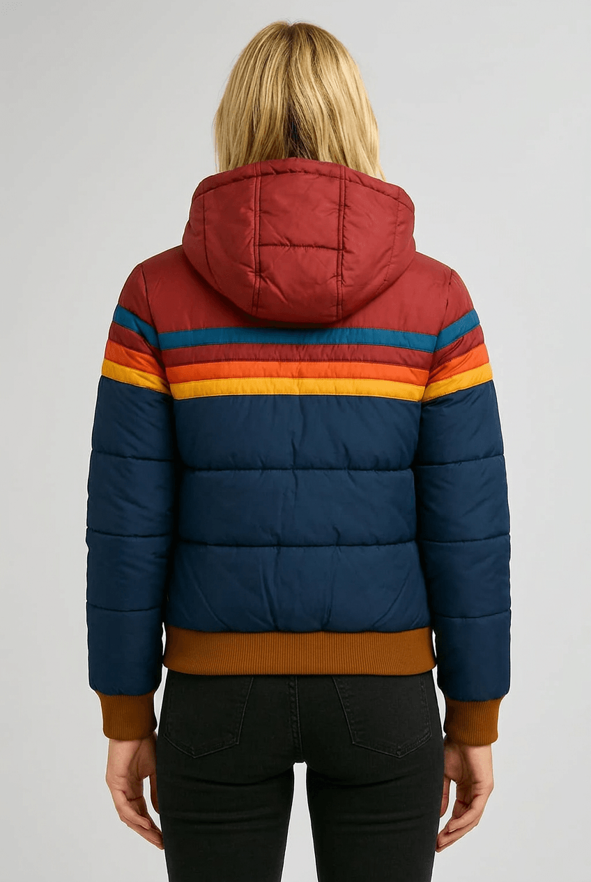 Women's Hooded Puffer Jacket | Colour Block Stripe