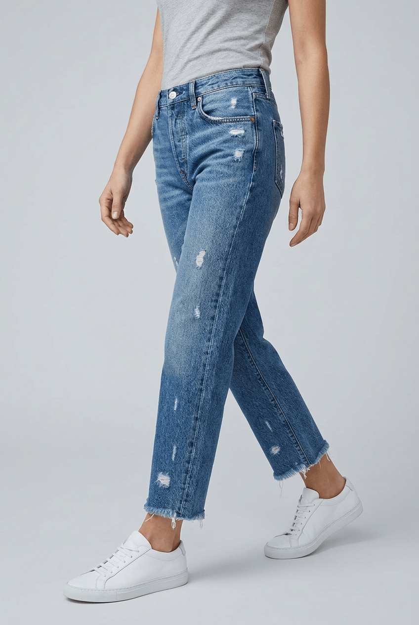 Women's High Waist Straight Leg Jeans | Distressed & Frayed Hem