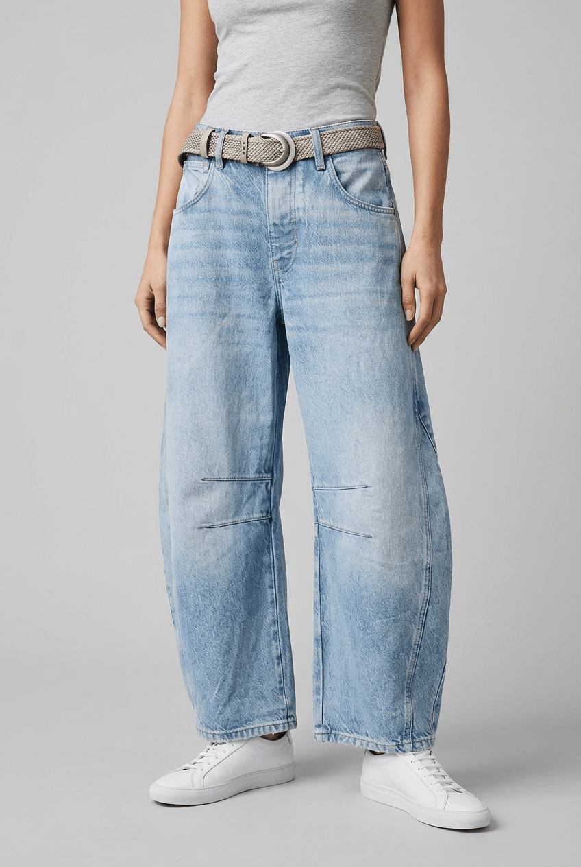 Women's High Waist Barrel Leg Jeans | Knee Stitch Detail