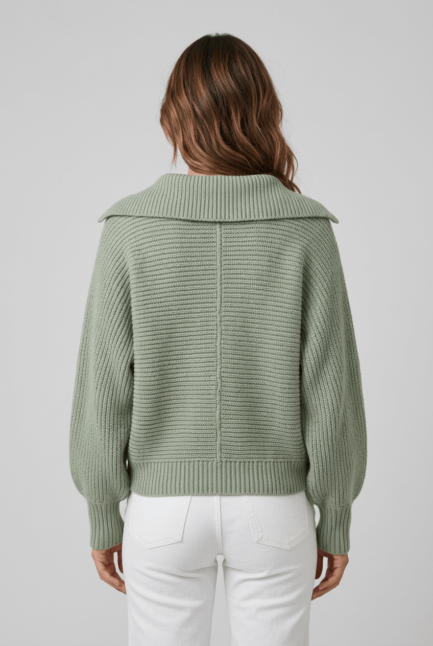 Women's Collared Knitted Jumper | V-Neck & Balloon Sleeves