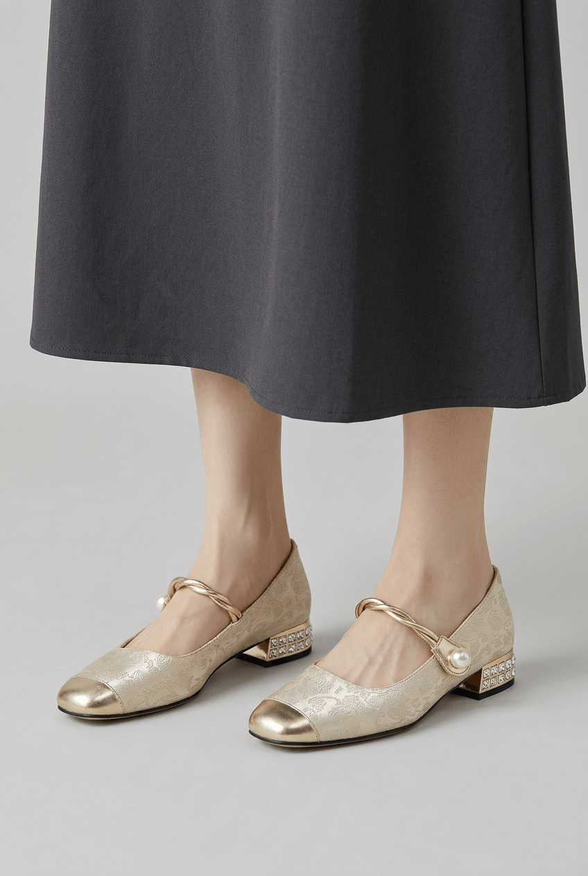 Women's Mary Jane Shoes | Embellished Heel & Gold Cap Toe
