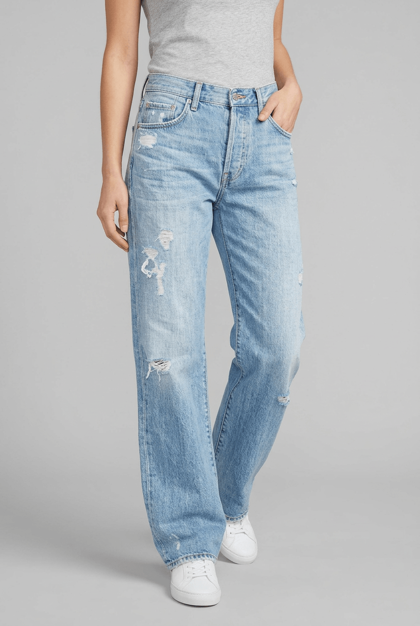 Women's Distressed Straight Jeans | Frayed Hem Rip Detail