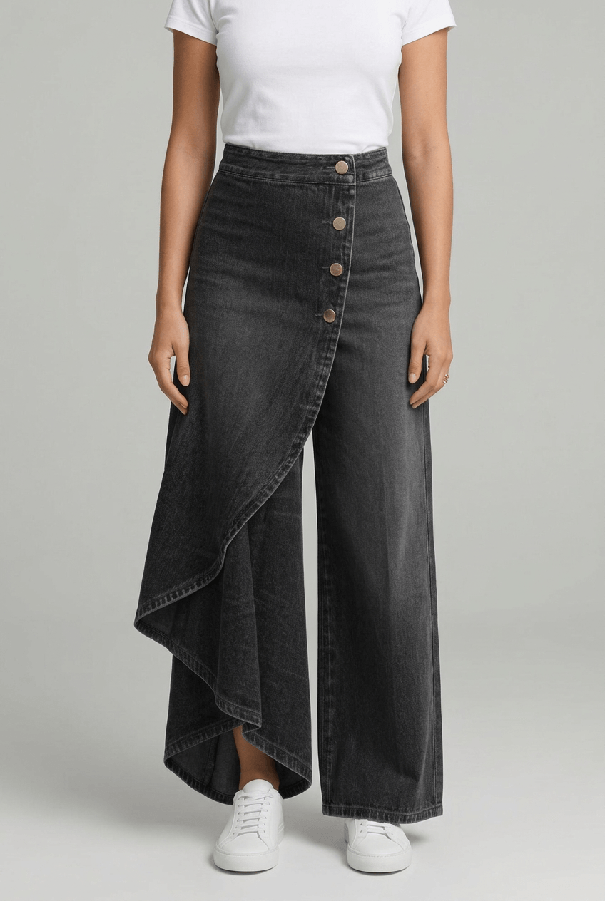 Women's Wide Leg Jeans | High Waisted Asymmetric Wrap Panel