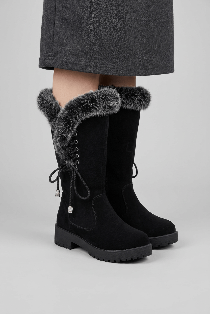 Women's Suède Knee High Boots | Side Tie & Fur Trim