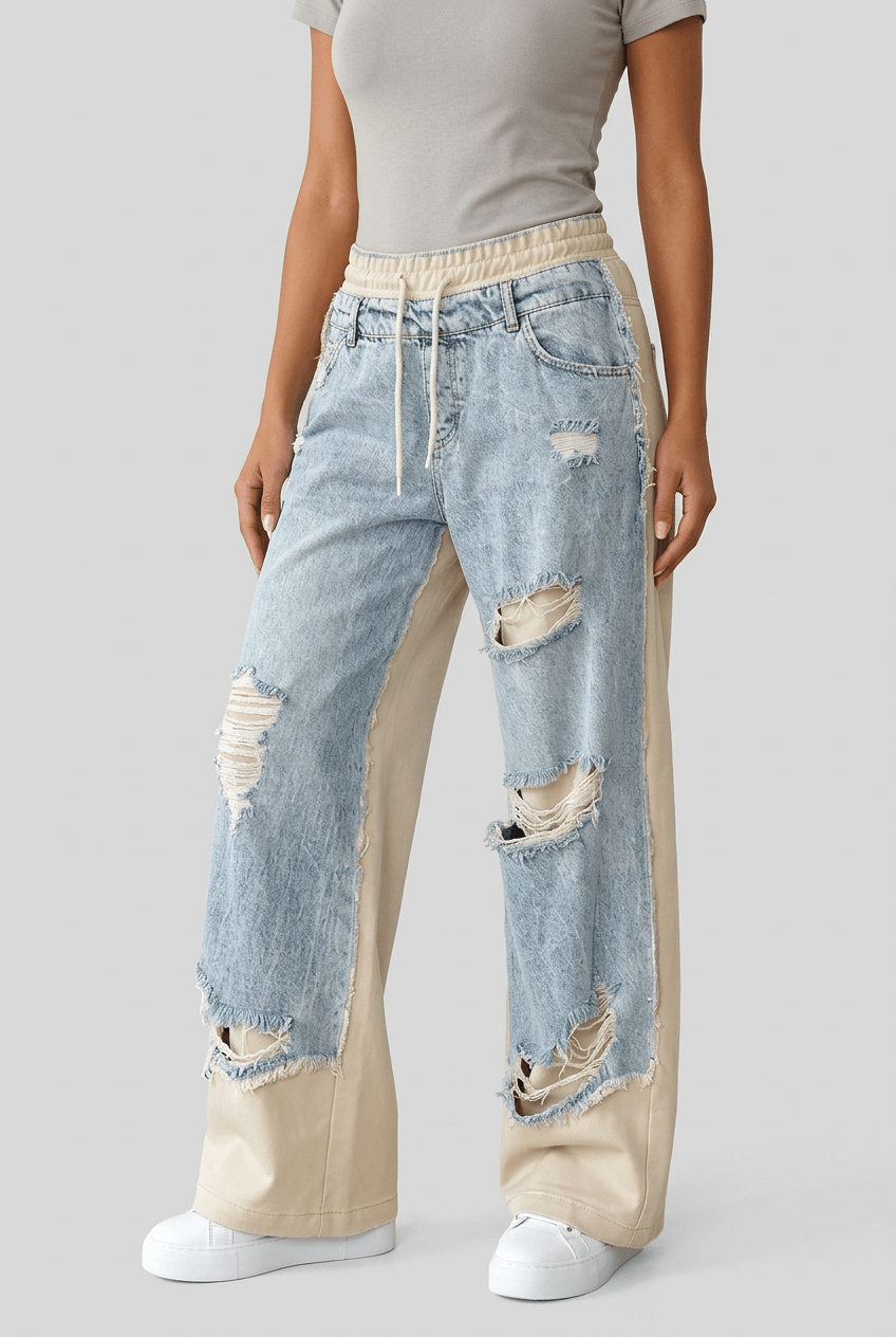 Women's Wide Leg Distressed Jeans | Contrast Panel
