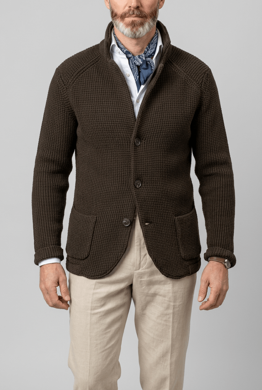 Knitted Cardigan for Men | Stand Collar & Button Front