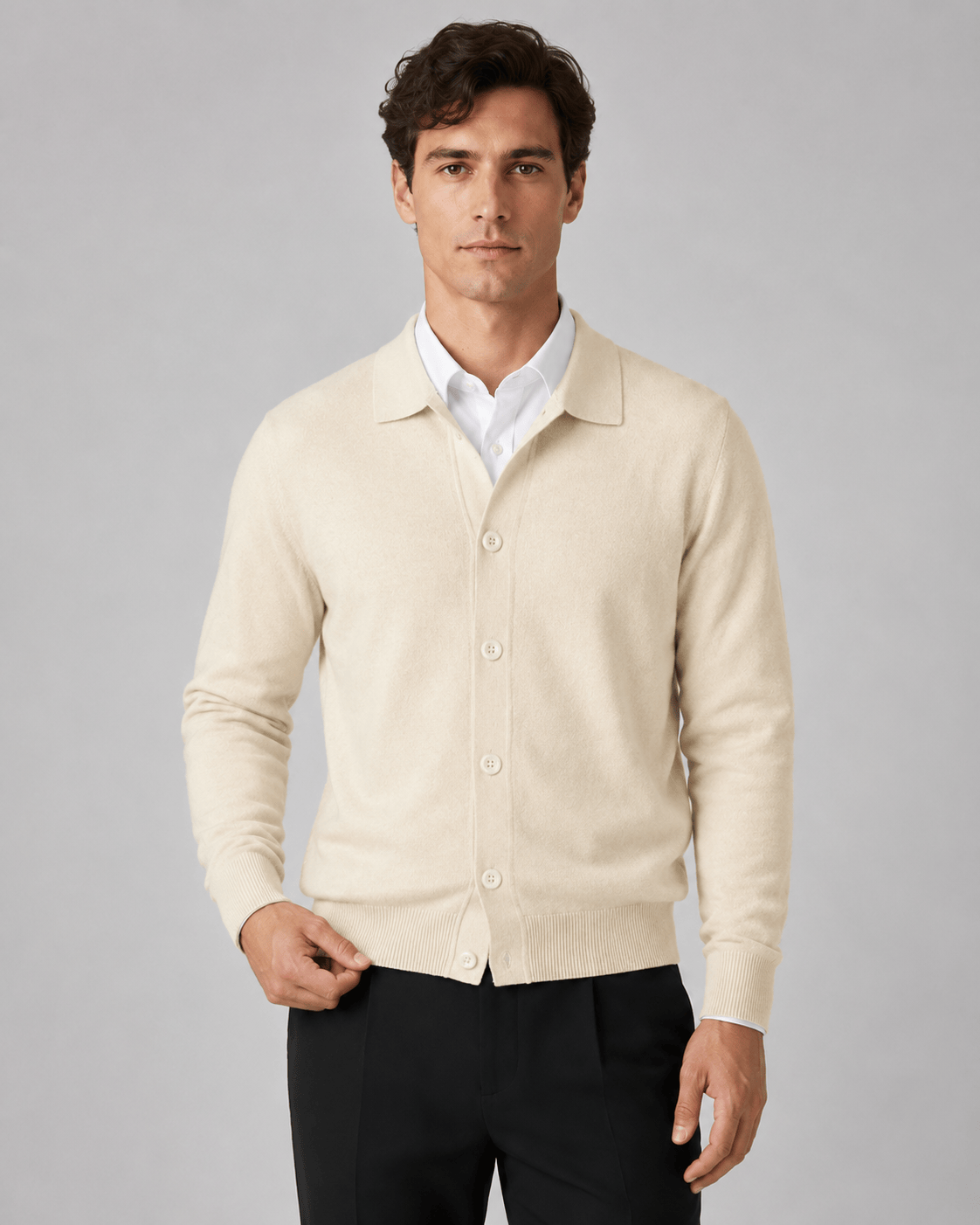 Collared Button Front Cardigan for Man with Classic Fit and Ribbed Cuffs