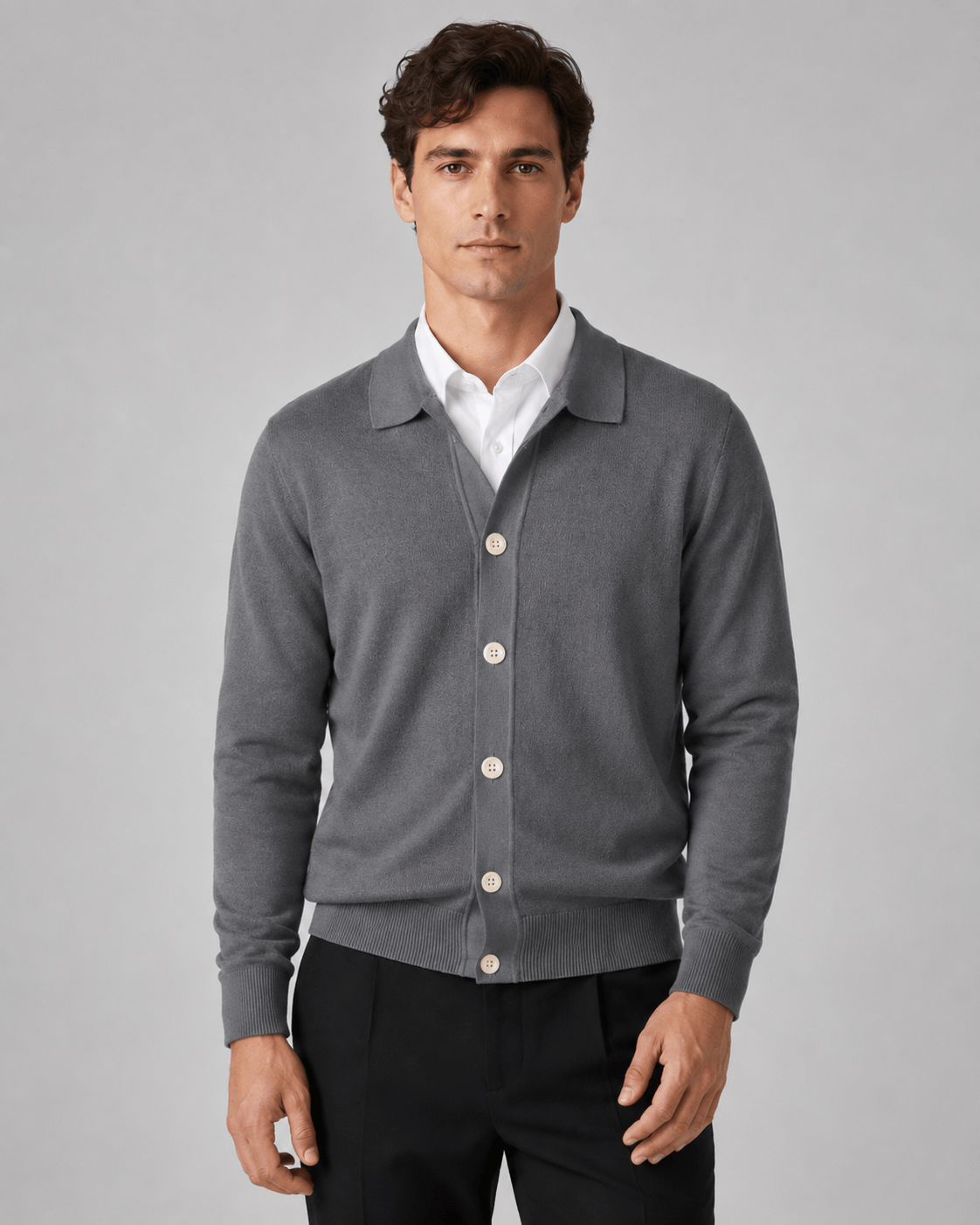Collared Button Front Cardigan for Man with Classic Fit and Ribbed Cuffs