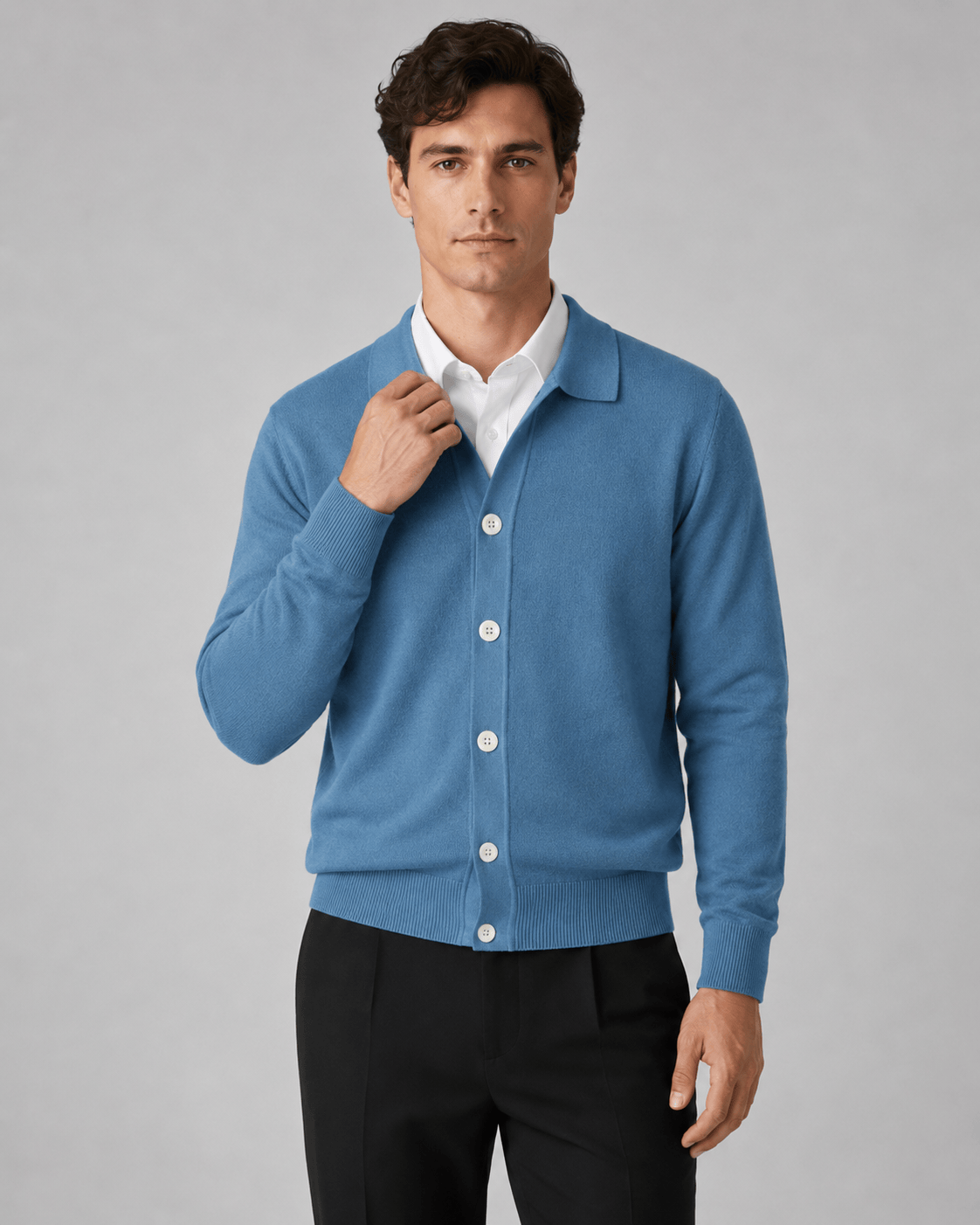 Collared Button Front Cardigan for Man with Classic Fit and Ribbed Cuffs
