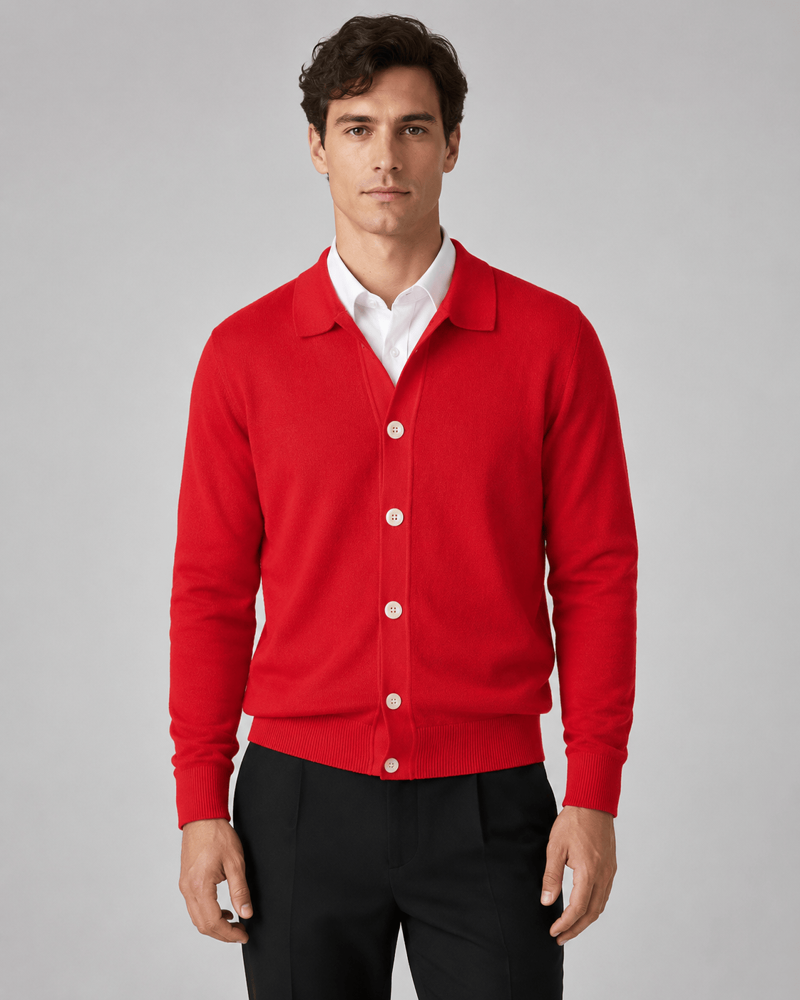 Collared Button Front Cardigan for Man with Classic Fit and Ribbed Cuffs