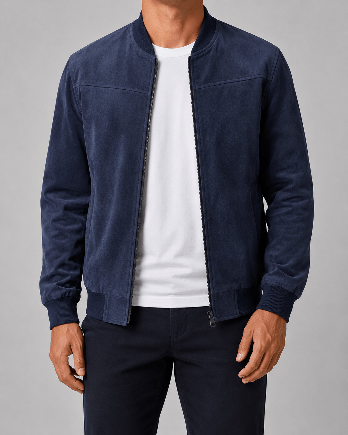 Men's Bomber Jacket with Full Zip Fastening and Ribbed Collar, Cuffs and Hem